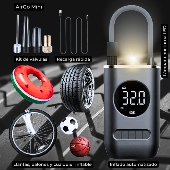AirGo Mini: Inflador de Llantas Portátil para Auto, Moto, Bici y Balones